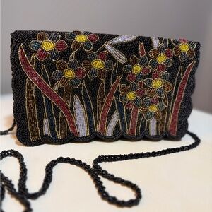 Vintage Embroidered Floral Beaded Clutch with Long Crossbody Strap